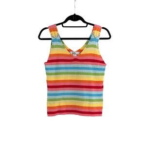 Kikit‎ Y2K Rainbow Knit Tank Top Ribbed V Neck Striped 90s Retro Festival Indie